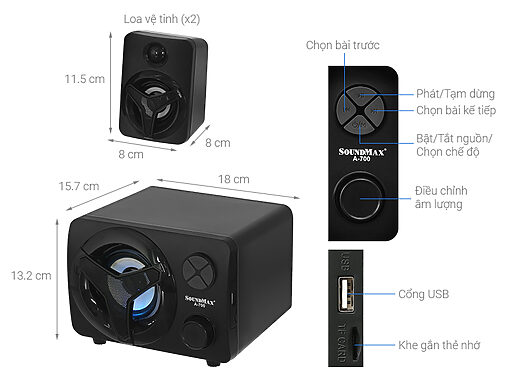 Loa vi tính SoundMax A700/2.1 hỗ trợ Bluetooth, thẻ nhớ , USB - Hàng chính hãng - Ảnh 6