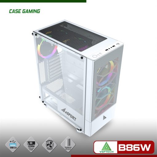 VỎ CASE GAMING VSP MẶT LƯỚI B86W (TRẮNG ) KÍNH CƯỜNG LỰC