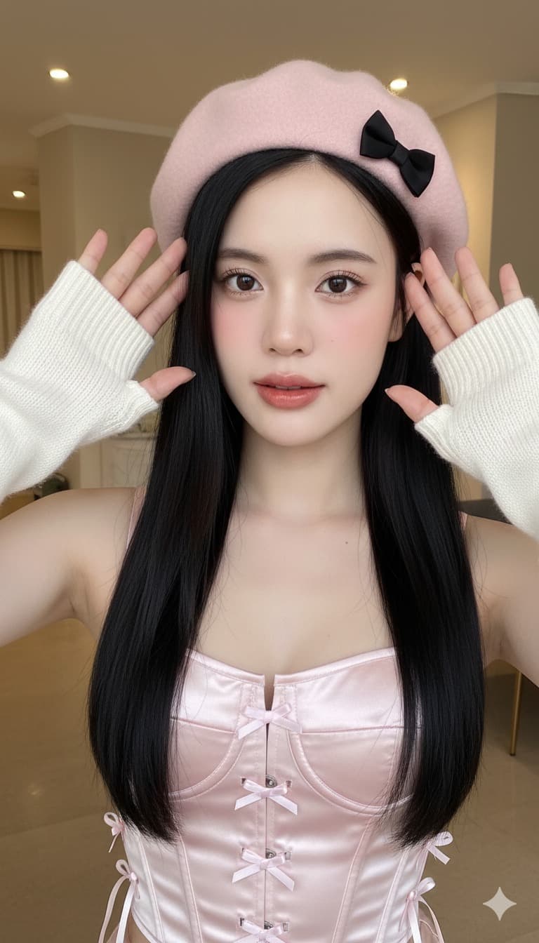 A beautiful young woman with fair, flawless skin and a charming look. She has soft Korean-style makeup with glowing skin, rosy blush, and peach-pink glossy lips. Her long straight black hair is parted in the middle and flows naturally. She wears a pastel pink beret with a small black bow on the front. Her outfit is a shiny satin pink corset with tiny ribbon details. She raises both hands near her head, wearing white knitted fingerless gloves. The background is a softly lit warm beige indoor setting, enhancing her gentle and radiant appearance. Keep the same facial expression and face from the uploaded image.