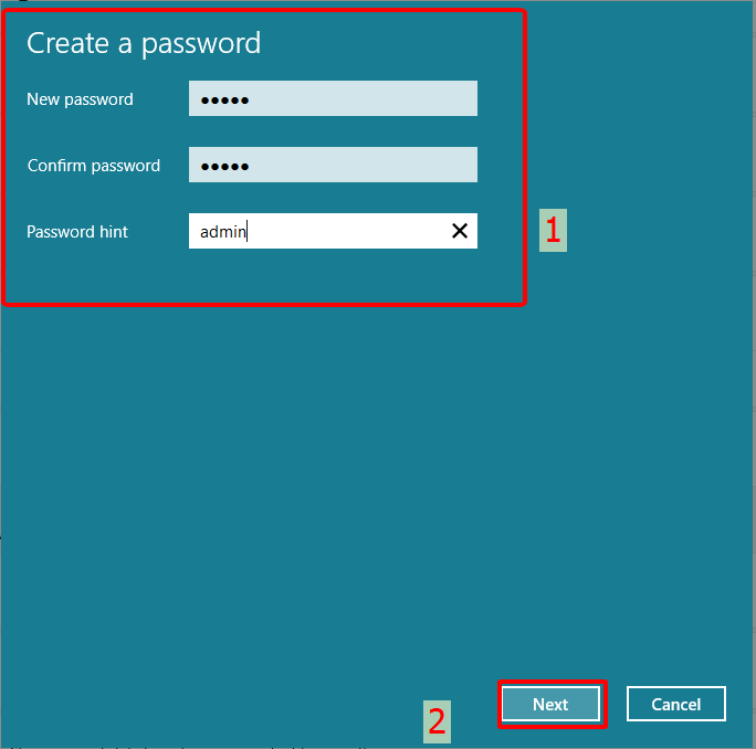 Nhập mật khẩu mới, xác nhận lại mật khẩu, gợi ý mật khẩu và chọn Next