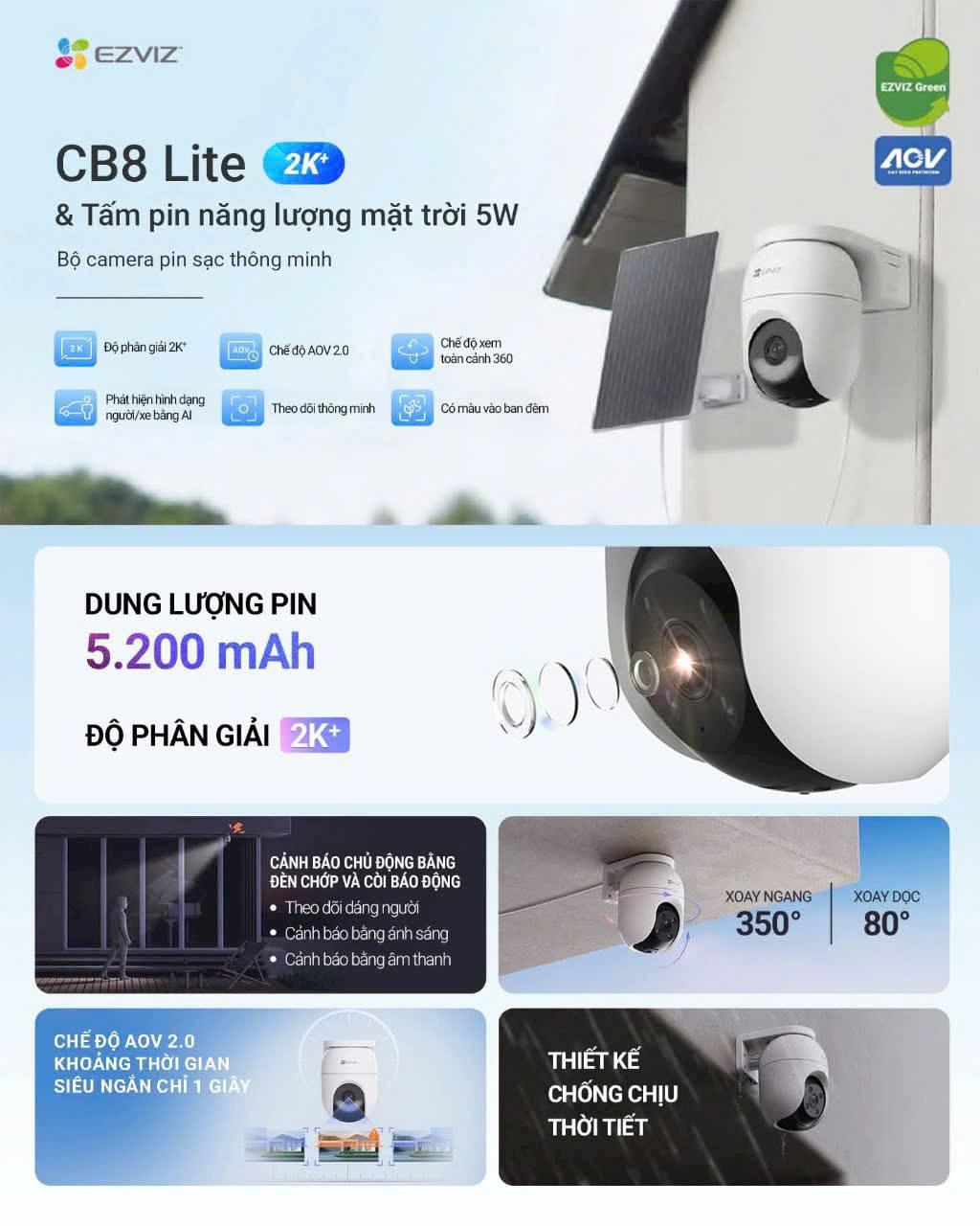 lắp đặt camera uy tín tại Đắk Lắk Camera EZVIZ CB8 Lite + Tấm pin năng lượng mặt trời 5W