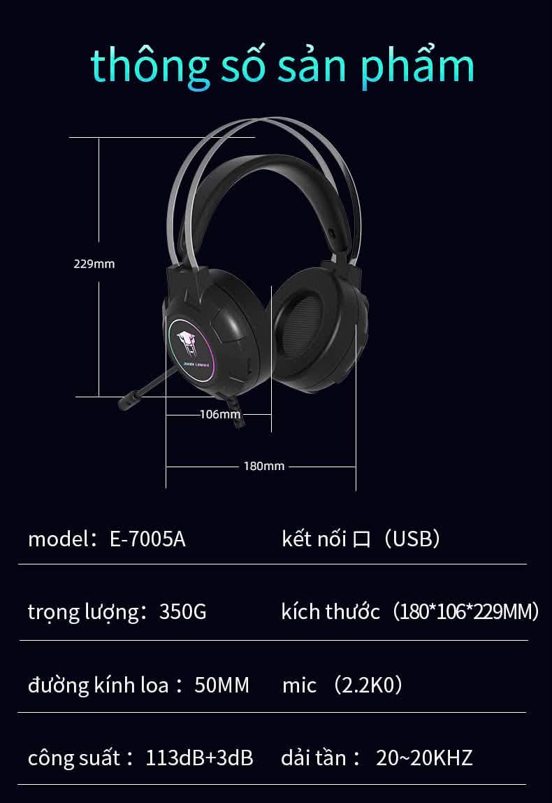 Thông số tai nghe Jungle Leopard E-7005A driver 50mm USB