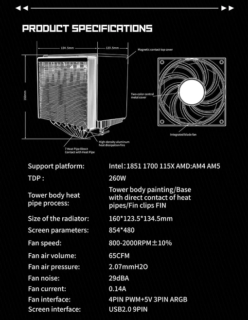 Tản Nhiệt Khí Leopard KF720 LCD 5 Inch – 7 Heatpipe, ARGB, TDP 260W