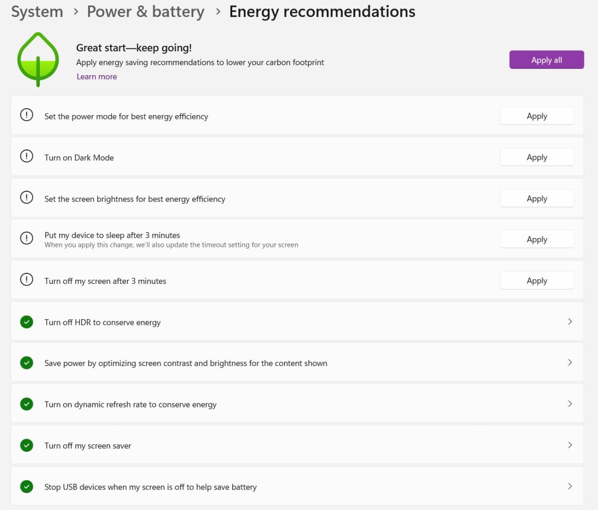 Hướng dẫn tiết kiệm pin laptop Windows 11 bằng Energy recommendations.