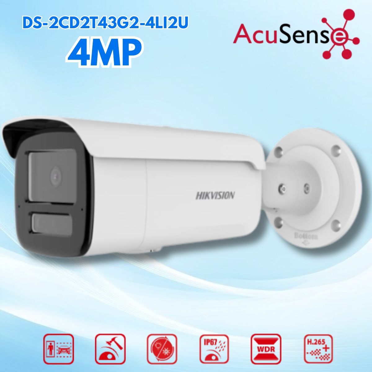 Camera IP Thân Trụ Hikvision DS-2CD2T43G2-4LI2U 4MP AcuSense, Smart Hybrid Light 80m, Mic Kép