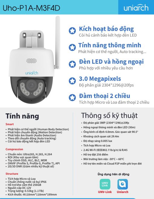 Camera UNV IP WIFI PTZ 3MP UNIARCH UHO-P1A-M3F4D - Ảnh 2